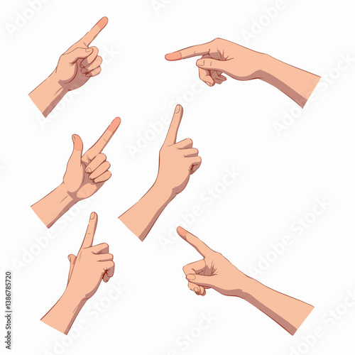 Hand gestures in different positions. Vector hands showing and pointing, holding and representing isolated on white background