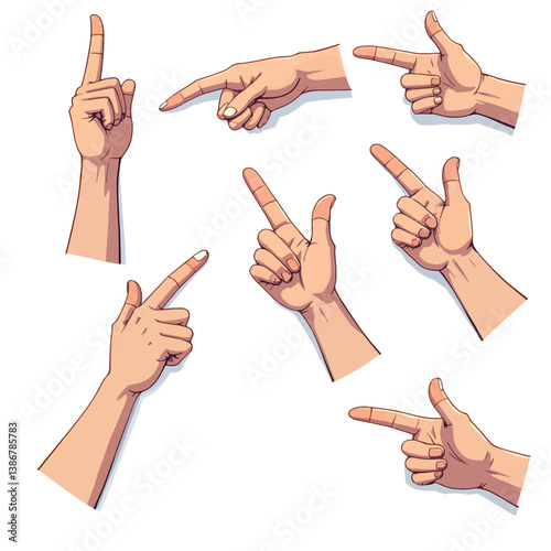Hand gestures in different positions. Vector hands showing and pointing, holding and representing isolated on white background
