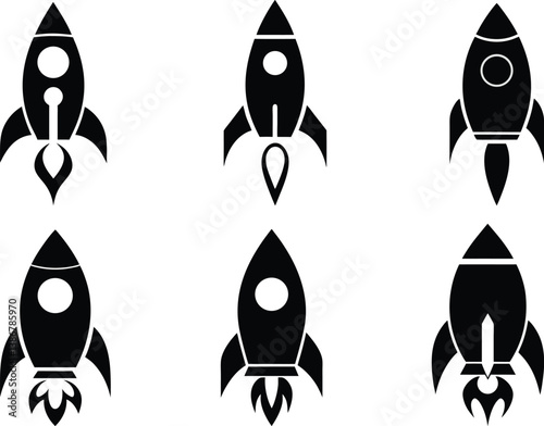 A set of simple minimalist black silhouette of rocket