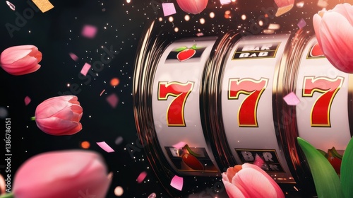 Slot machine reels displaying 777 jackpot surrounded by pink tulips and falling confetti on a black background illustration