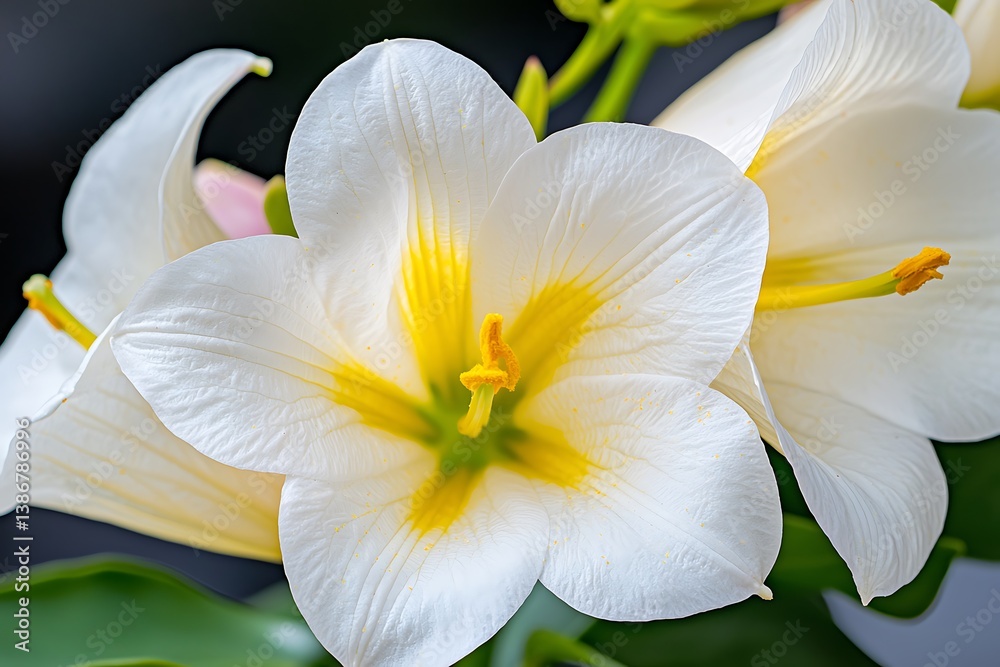 Fototapeta premium Beautiful White Flower with Yellow Center in Soft Focus Background
