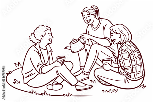 Hand-drawn style
Loose hand-drawn vector sketch of a group of friends sitting in a circle, laughing and talking, one pouring tea. Warm monochrome tones on white.
