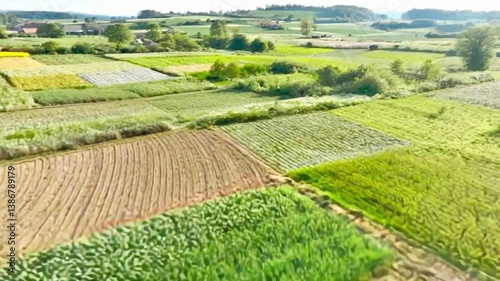 Cinematic 4K aerial footage of farm biodiversity with diverse crops and natural habitats, showcasing sustainable agriculture, crop variety, and ecological balance in sunlight.


