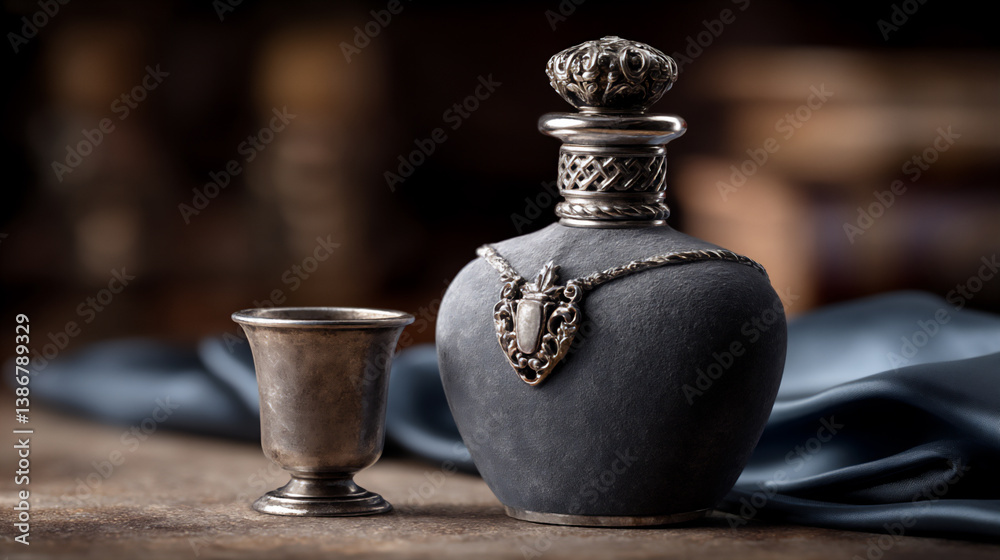 p: a still life of a small, antique bottle with a silver label, placed on a silk cloth p: a still life of a small, antique bottle with a silver label, placed on a silk cloth