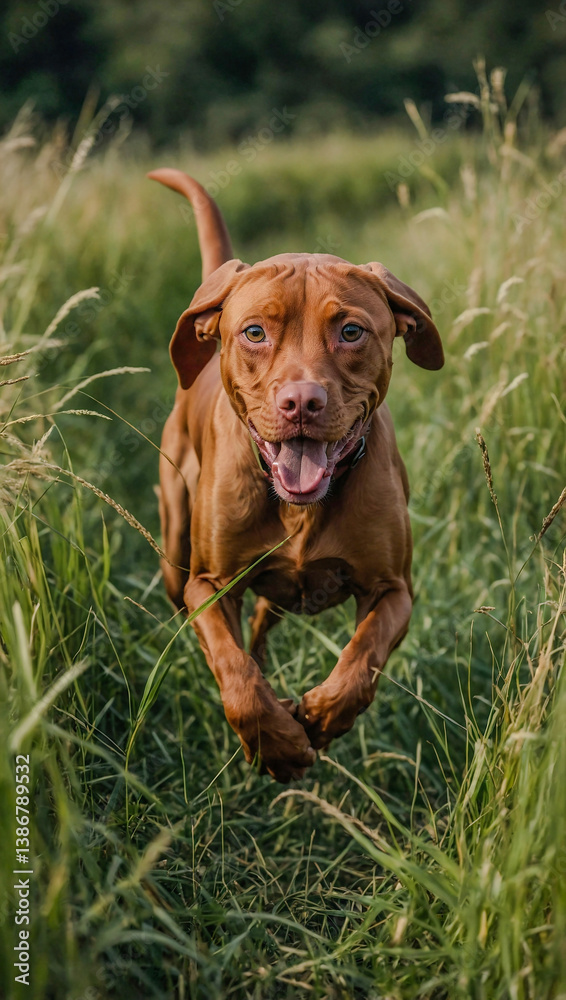 Hungarian Vizsla dog running through tall grass. Hungarian Vizsla dog running through tall grass.
