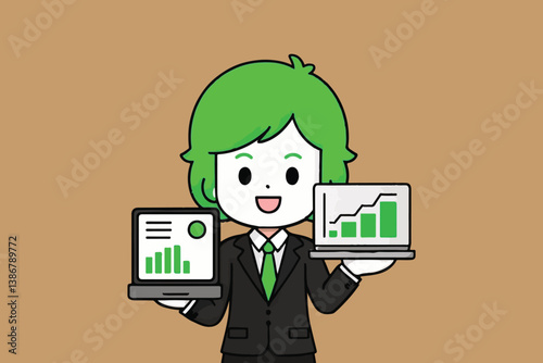 A Cheerful Character Showcasing Comparative Growth Charts on Two Laptops, Highlighting Business Success and Analytical Insights.