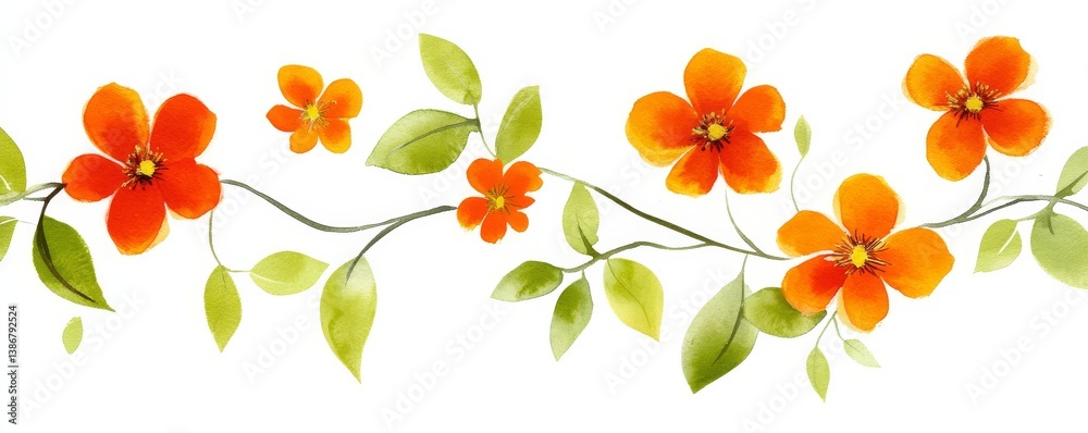 Obraz premium Watercolor Floral Border Orange Blossoms and Green Leaves