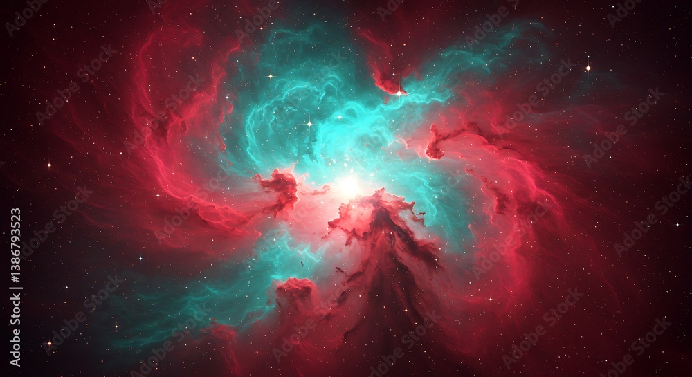 Fototapeta premium Cosmic Dance: Teal and Crimson Nebula AI Generated