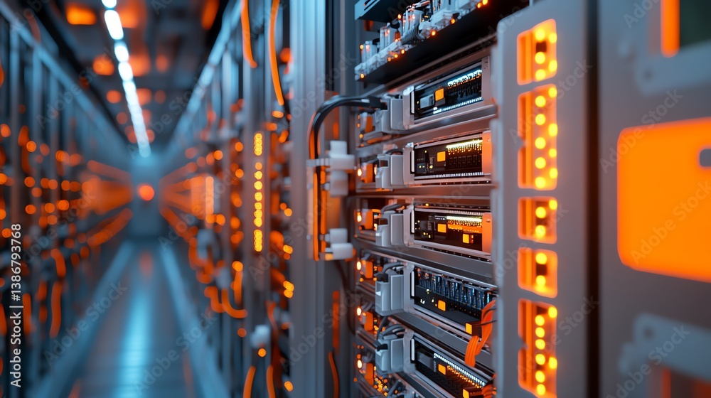 A detailed interior view of a server farm