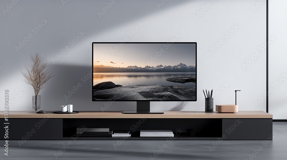 A minimalist workspace with an ultrathin monitor and wireless peripherals