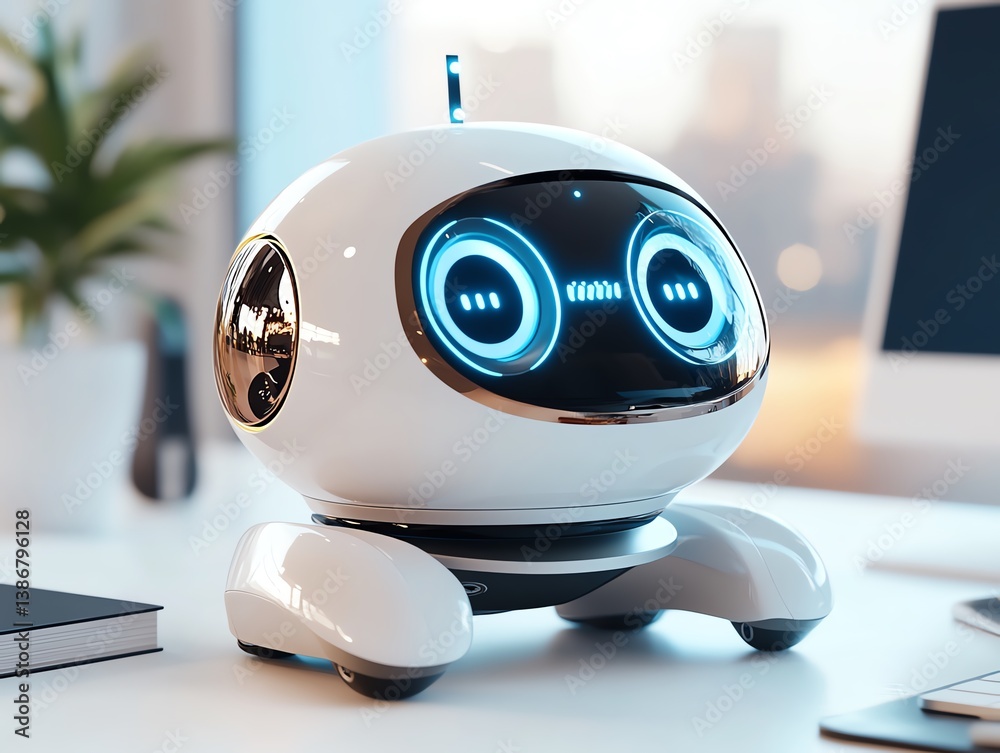 A robotic AI assistant resembling a desktop computer
