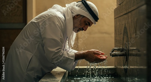 Elderly man doing wudu inside mosque