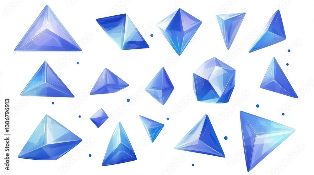 Collection of blue crystal shapes, 3D illustration, graphic design, digital art Collection of blue crystal shapes, 3D illustration, graphic design, digital art
