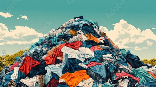 A large pile of discarded clothing in a landfill, symbolizing waste and environmental pollution. illustration