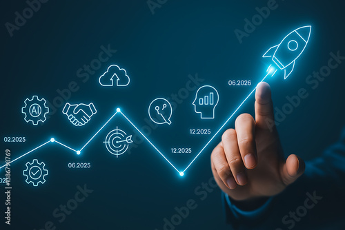 Businessman launching rocket along strategic business growth timeline, glowing icons of goals, analytics, partnerships, innovation and productivity, concept of startup success, digital progress and fu
