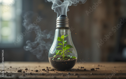 Green Energy Symbol: Plant in Bulb with Smoke Rising photo
