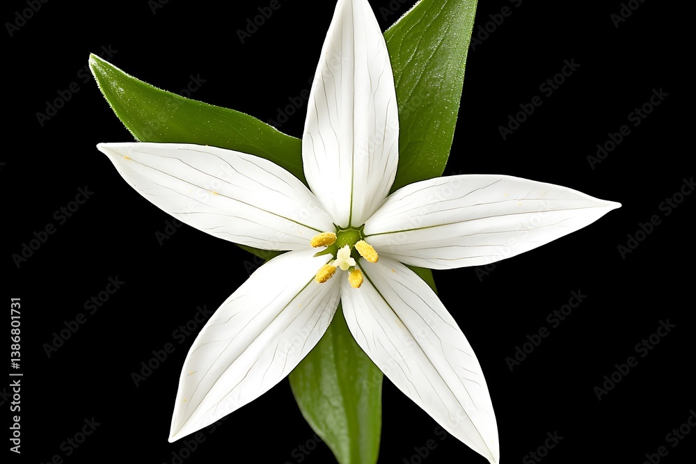 Fototapeta premium Elegant White Flower with Green Leaves Isolated on Black Background