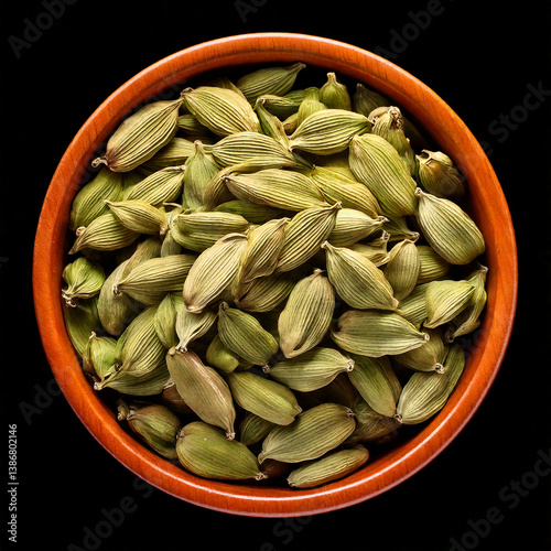 A bowl of cardamom isolated on black background