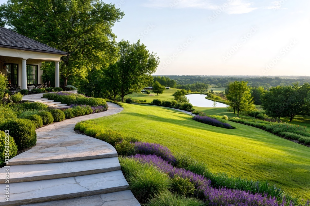 Fototapeta premium Stone paved pathway leading to luxury house overlooking golf course