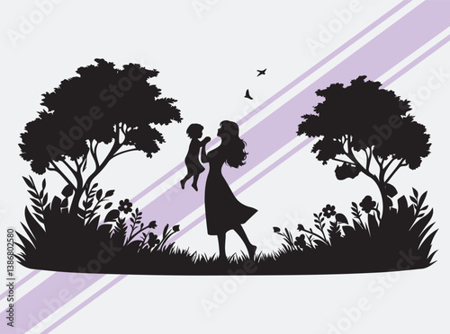 Mother and Child in Nature Silhouette Black Vector for Cards Design Mother's Day, Mother and Daughter, Mother and Son Bonding Clipart 