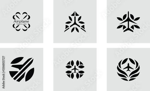 Airplane travelling logo with floral decoration logotype vector art set design 