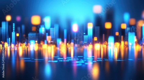 A vibrant, futuristic cityscape with glowing buildings and colorful lights reflecting on a smooth surface, creating a dynamic visual atmosphere.