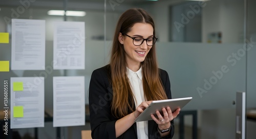 A  confident smiling woman with glasses uses a tablet in a modern office, standing near a glass wall decorated with documents and colorful sticky notes. photo