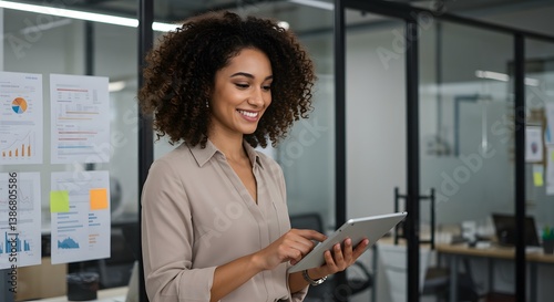A woman with curly hair and holding a tablet smiles at an office.