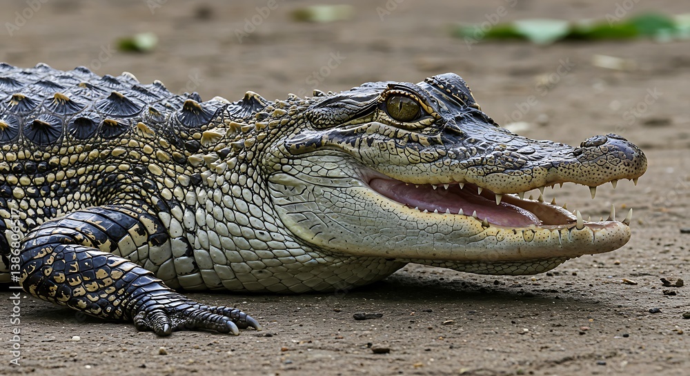 Obraz premium Young Spectacled Caiman on Riverbank: A Wildlife Close-Up AI Generated