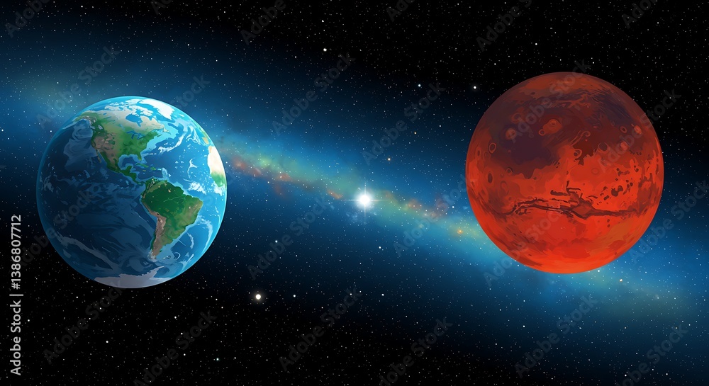 Fototapeta premium Cosmic Neighbors: Earth & Mars Encounter AI Generated