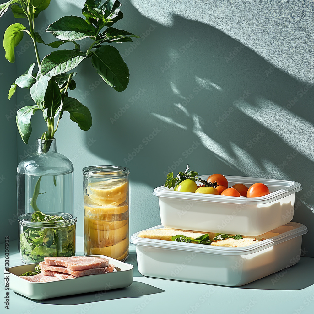 Fresh lunch boxes filled with colorful fruits and vegetables are neatly arranged light green surface, accompanied by glass of refreshing drink and leafy plant, creating vibrant and healthy