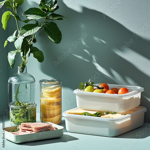 Obraz na płótnie Fresh lunch boxes filled with colorful fruits and vegetables are neatly arranged light green surface, accompanied by glass of refreshing drink and leafy plant, creating vibrant and healthy w salonie