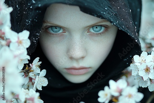 Obraz na płótnie Commercial ad conceptual art. Spring mood, dark night and warm mystic light - complementary lighting. Attractive caucasian young woman surrounded by cherry blossoms. w salonie