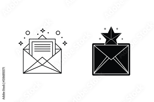 Two Envelopes With Stars Line Art For Sending A Message Vector