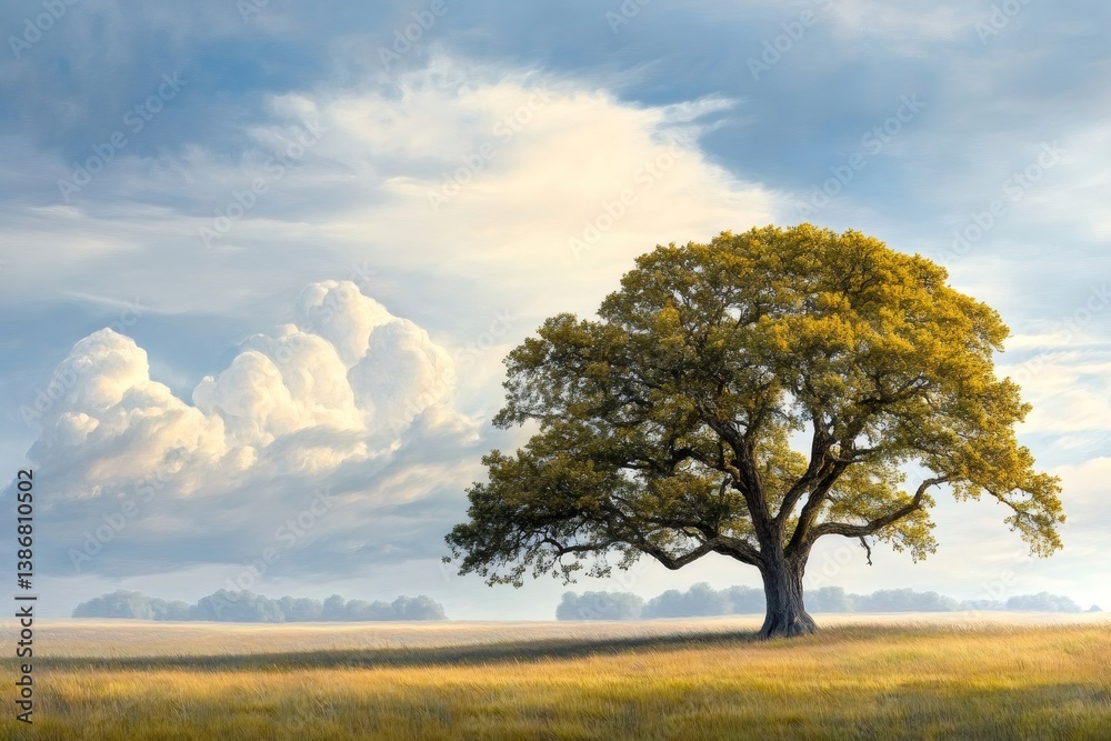 Large oak tree standing in a field with cumulus clouds in the background Large oak tree standing in a field with cumulus clouds in the background