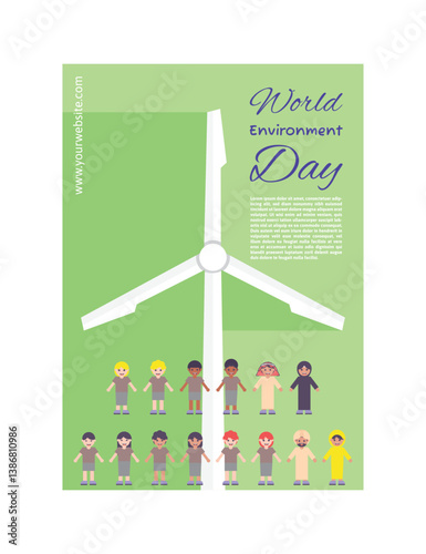 Environment day poster with clean energy, wind turbines, water flow scheme, go green social media post