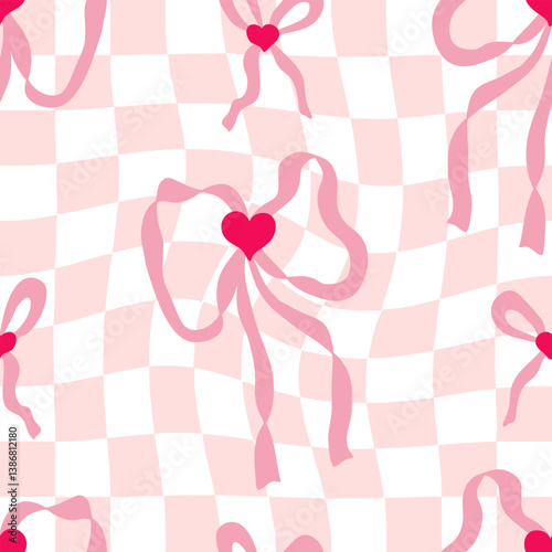 Groovy ribbon bow accessory seamless pattern on grid distorted background. Hippie aesthetic print for fabric, paper, textile. Hand drawn vector illustration.