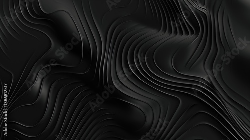 Black abstract background with modern wavy line patterns (guilloche curves) in monochrome, designed for premium business banners.

