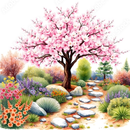 Serene Spring Garden Scene Pink Blossoms Stone Path and Vibrant Flowers Flourishing in a Tranquil Landscape Setting