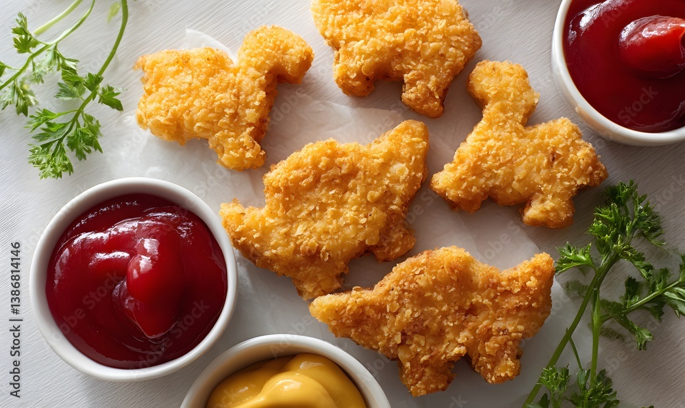Obraz premium dinosaur shaped chicken nuggets with ketchup and mustard, Generative AI