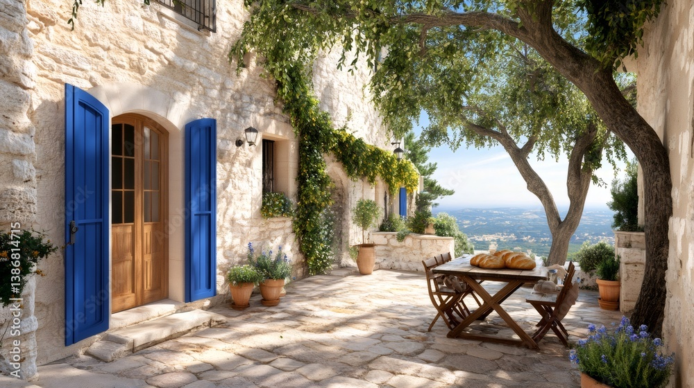 Fototapeta premium Mediterranean country house with blue shutters and outdoor dining table enjoying panoramic view