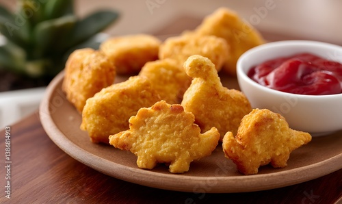 Fototapeta Naklejka Na Ścianę i Meble -  dinosaur shaped chicken nuggets with ketchup and mustard, Generative AI