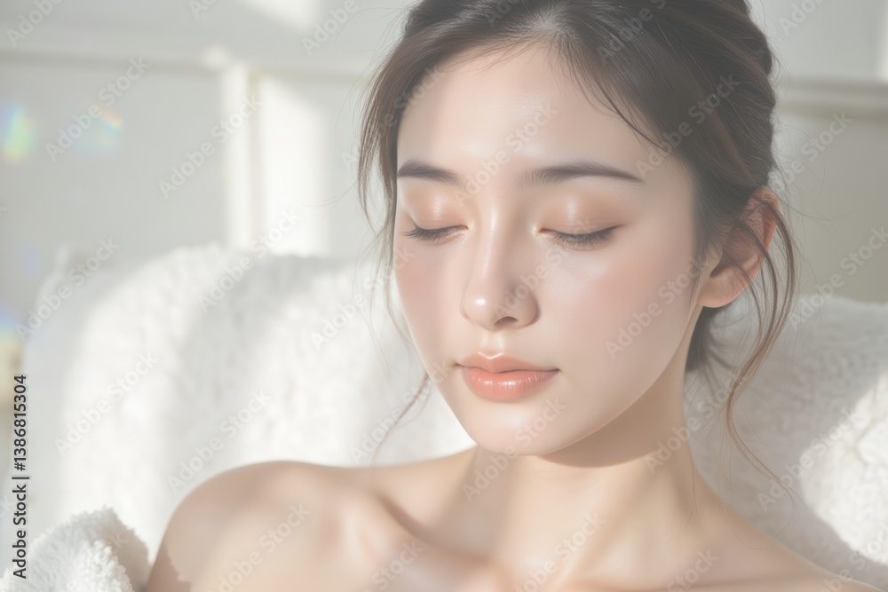 Serene Asian Woman Meditating in Sunlight: Natural Beauty, Skincare, Wellness, and Relaxation Serene Asian Woman Meditating in Sunlight: Natural Beauty, Skincare, Wellness, and Relaxation