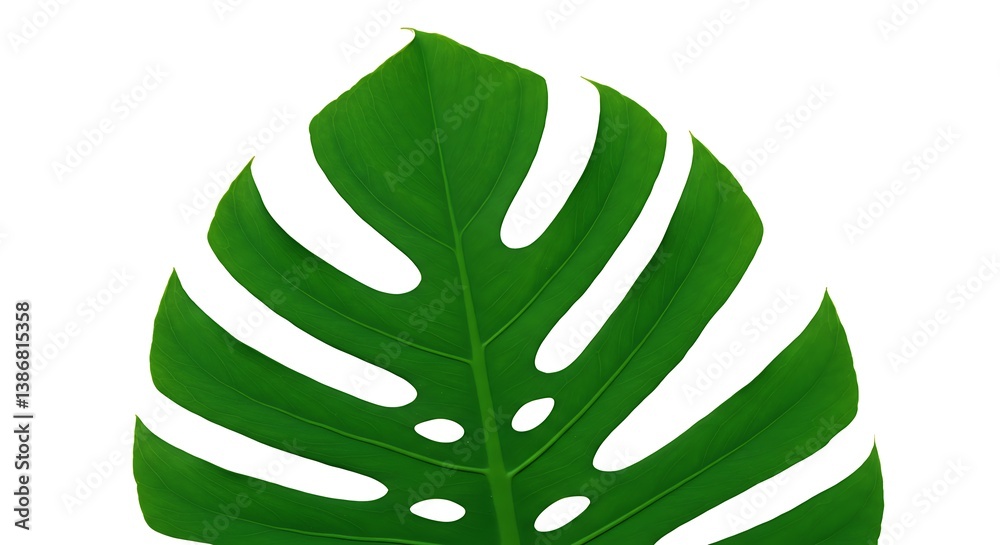 Vibrant Green Monstera Leaf Close-up on White Background AI Generated