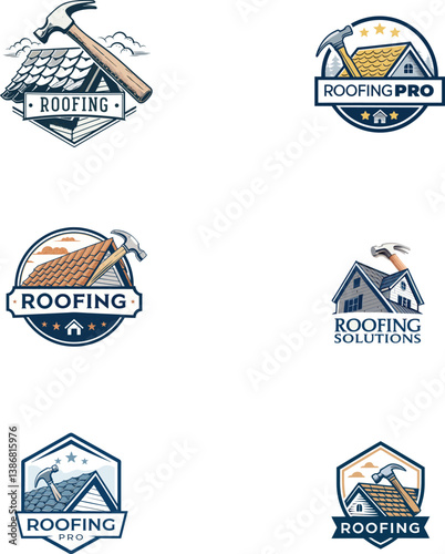 Vintage Roofing Company Logos with Hammer Icons, Rooftop Illustrations, Retro Badge Designs, Bold Typography, and Blue-Orange Color Scheme for Professional Construction and Home Repair Branding