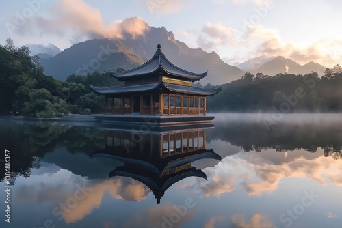 A beautiful traditional Chinese architectural pavilion on the lake at sunrise with a mountain backdrop.