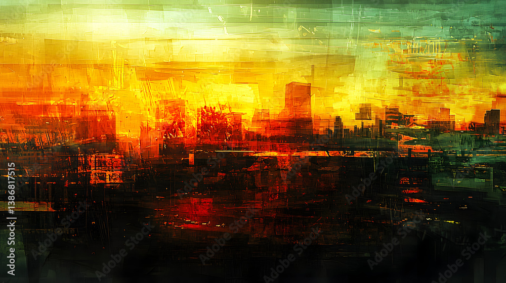 Fototapeta premium Vibrant Abstract Cityscape at Sunset with Bold Colors and Texture