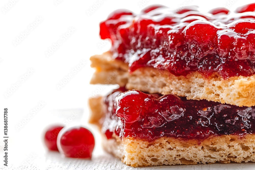 Stacked pastry slices with red fruit topping appear delicious and fresh