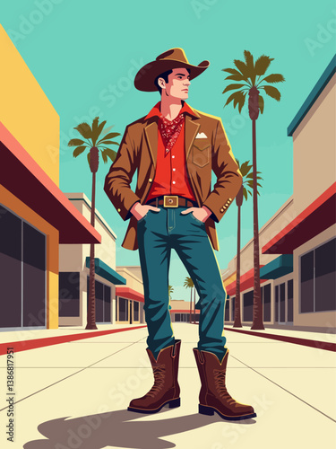 a cowboy standing in Palm springs street, model pose with attitude