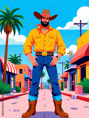 a cowboy standing in Palm springs street, model pose with attitude